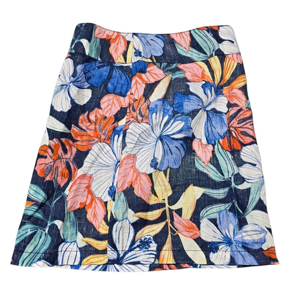 Tommy Bahama Skirt Women 0 Blue Floral Linen Cotton Lined Tropical Hibiscus Mini